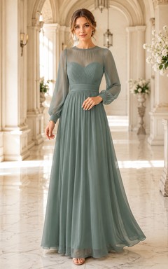 Salbeigrünes Abendkleid aus Chiffon mit Illusion-Effekt, langen Ärmeln und Falten in A-Linie