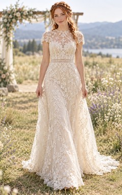Boho High Neck Cap Sleeve Floral Lace Sheath Wedding Dress