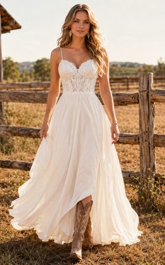 Western Country Simple Romantic A-Line Lace Chiffon Wedding Dress with Sweetheart Spaghetti Straps Sleeveless Floor-Length Train Split Skirt Low Back