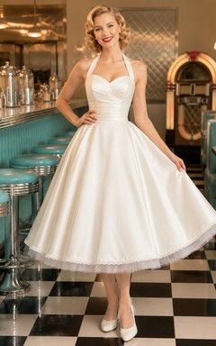 Halter Sweetheart Satin Tea Length Rockabilly Bridal Dress
