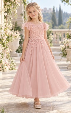 Blushing Pink Flutter Sleeve Floral Applique Ankle-length Flower Girl Dress