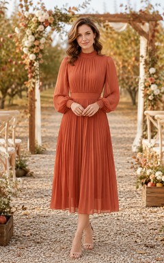 Terracotta Long Sleeve Pleated Chiffon Midi Wedding Guest Dress