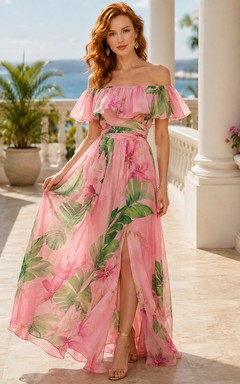 Pink Green Floral Print Off-Shoulder A-Line High-Low Chiffon Romantic Guest Dress
