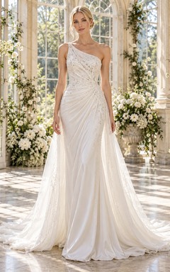 Elegant One-Shoulder Draped Lace Fitted Sweep Train Bridal Wedding Dress