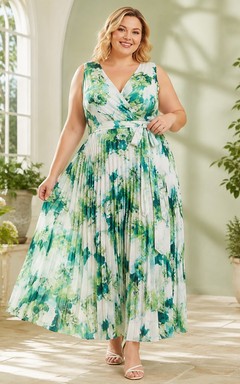 Floral Plus-Size Chiffon V-Neck Sleeveless A-Line Tea-Length Dress