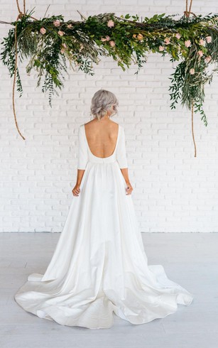 Plain Style Wedding Gowns Simple Bridal Dresses Dorris 3 4 Sleeve Satin A Line Dress With Bateau Neckline