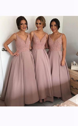 Satin Sleeves Bridesmaids Dresses Fabric Bridesmaid Dress Sleeveless V Neck A Line Floor Length Dress With Beadings