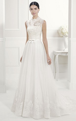 High Tall Neck Wedding Dresses With Lace Fabric Collar Lace High Neck A Line Pleated Tulle Bridal Gown With Bow