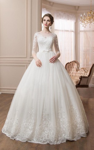 A Line Ball Dresses Princess Wedding Gowns Dorris Scoop Long Sleeve Ball Gown Dress With Illusion Sleeves