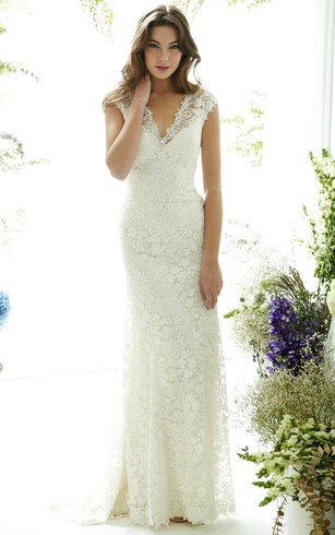 Floor Length V Neck Cap Sleeve Lace Wedding Dress With Brush Train And Floor Length V Neck Cap Sleeve Lace Wedding Dress With Brush Train And