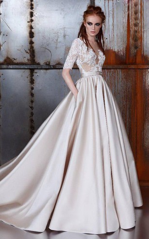 Lace Bridal Dresses Retro Wedding Gowns Dorris Lace Half Sleeve Satin A Line Wedding Dress With Illusion Liqued Top