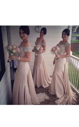 Peach Color Long Length Bridesmaids Dresses Dress For Mermaid Off The Shoulder Beading Liques Split Front Dress
