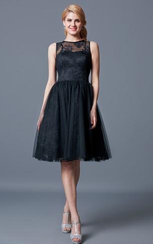 Short Black Bridesmaid Dresses Free Swatches Dorris Wedding Chic Sleeveless A Line Knee Length Lace Dress With Illusion Neck