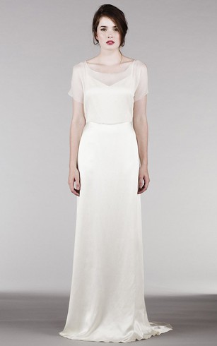 Simple Wedding Dress Dorris Sheath Poet Sleeve Maxi Square Neck Satin Wedding Dress With Keyhole