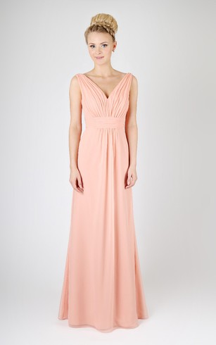 Peach Color Long Length Bridesmaids Dresses Dress For A Line Graceful Long Dress With Deep V Back