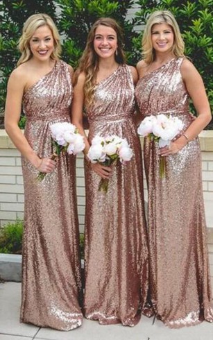 Sequin Sparkly Bridesmaids Dresses Rose Gold Metallic A Line One Shoulder Sleeveless Bell Ruffles Zipper Sequins Dress