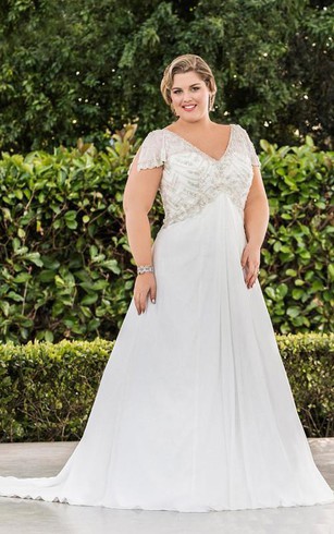 Wedding Dresses For Fat Brides Plus Size Dorris A Line Mini V Neck Sleeveless Bell Cap Beading Brush Train Lace Up