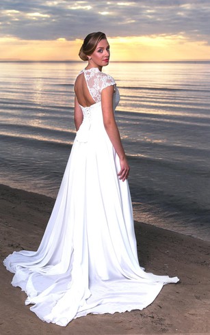 Simple Chiffon Bridal Dresses Elegant Wedding Dress Cap Sleeve A Line Chiffon V Neck Dress With Keyhole Back