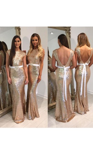 Rose Metallic Bridesmaid Gown Gold Sequin Dresses Mermaid Long Scoop Cap Sequins Dress With Deep V Back