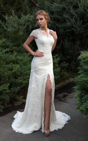 1930s Bridal Dresses 30s Style Wedding Dress Dorris Sheath Floor Length Jewel Cap Sleeve Low V Back Lace Dress With