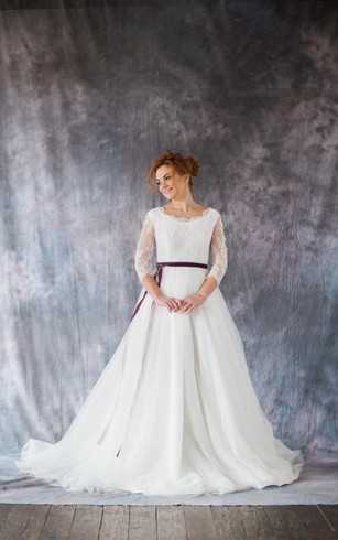 Frugal Fannies Wedding Dresses Dorris 3 4 Sleeve A Line Lace And Organza Dress With Bateau Neckline Satin