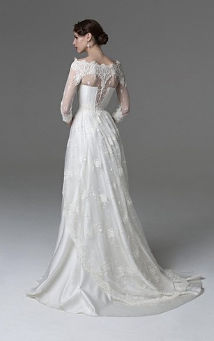 Wedding Dress For Small Bust Dorris Off The Shoulder 3 4 Sleeve A Line Lace And Satin Dress