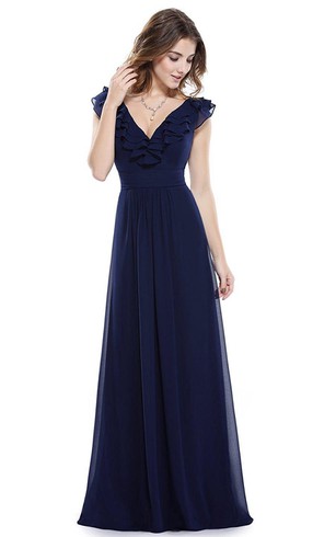 Dark Blue Color Bridesmaid Gown Navy Bridesmaids Dresses Cap Sleeved A Line Long Chiffon Dress With Ruffles