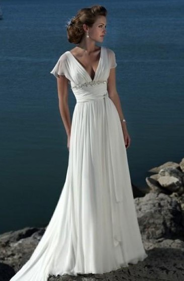 Empire V Neck Court Trains Sleeveless Tulle Beach Wedding Dresses