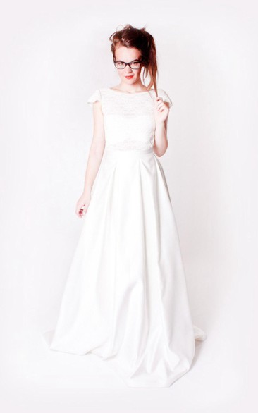 Satin Cap Sleeve A-Line Low-V Back Dress With Lace Bodice