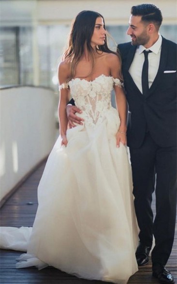 A Line Stunning Tulle Off-the-shoulder Chapel Train Wedding Dress