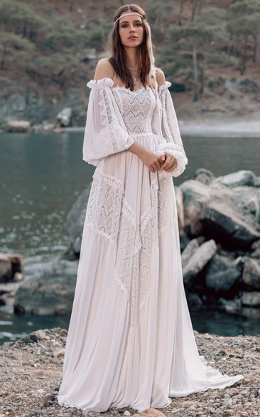 Flowy Sweetheart Puff-long-sleeve Empire Boho Pleated Godness Lace Wedding Dress
