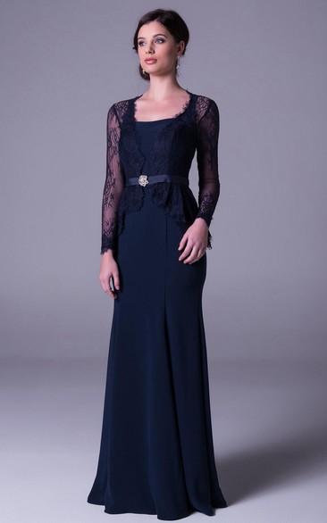 Sheath Long-Sleeve Long Lace Square-Neck Prom Dress With Broach