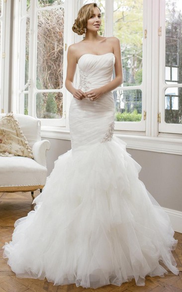 Mermaid Appliqued Strapless Tulle Wedding Dress With Ruching And Ruffles