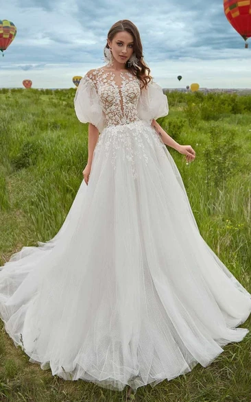 Sexy A Line Tulle Court Train Wedding Dress with Appliques