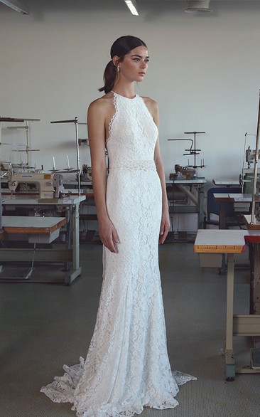 Elegant Lace Halter Sleeveless Sweep Train Wedding Dress