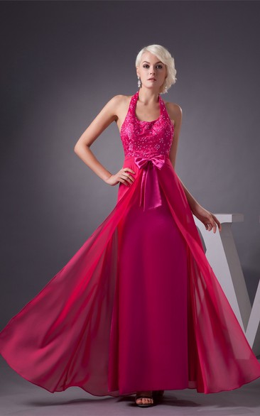 Sleeveless Jeweled Ankle-Length Halter and Dress With Bow
