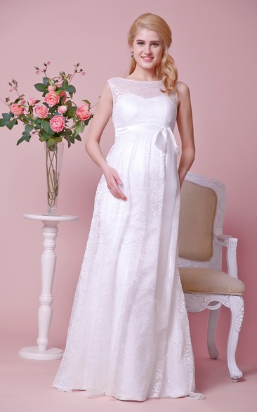 Bateau Neck Cap-sleeved Lace Long Dress With Bow
