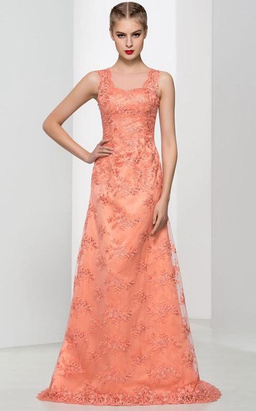 A-Line Sheer Neck Lace Long Prom Dress