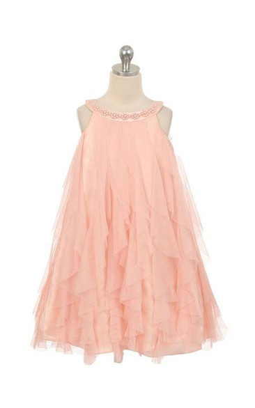 Scoop Beading Neckline Sleeveless A-line Tulle Long Dress With Ruffles