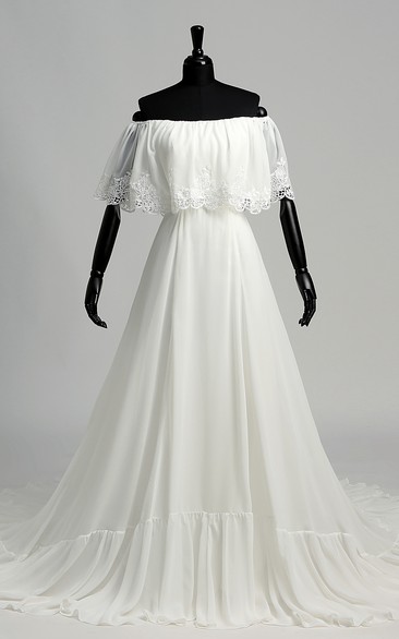 A-line Off-the-shoulder Sleeveless Chiffon Wedding Dress with Chapel Train