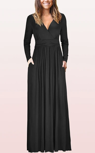 Ethereal Jersey V-neck A Line Guest Formal Dress With Pockets