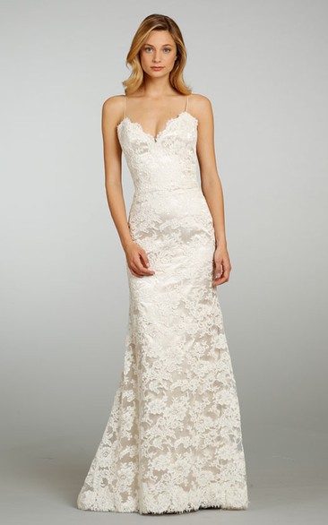 Classic Spaghetti Strap Lace Over Satin Gown With Lace Up Back