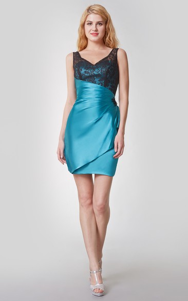 Sleeveless Lace Strap Ruched Short Satin Dress With Draping