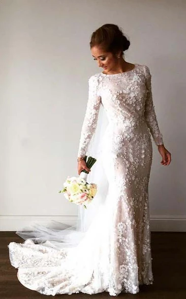 Vintage Long Sleeve 3D-floral Appliques Crystal Mermaid Lace Wedding Dress