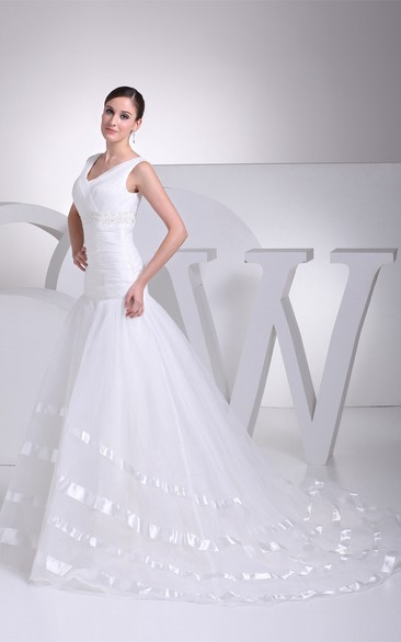 V-Neck A-Line Sleeveless Tulle Overlay and Dress With Beading