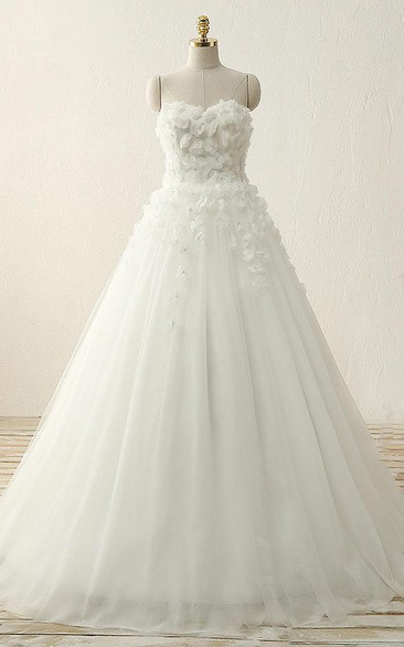 A-Line Ball Gown Mini Straps Sweetheart Beading Flower Straps Tulle Lace Satin Dress
