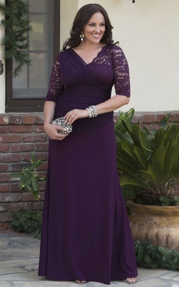 V-neck Jersey 3/4 Sleeve Sheath Gown With Lace And Tulle Tiered Appliques
