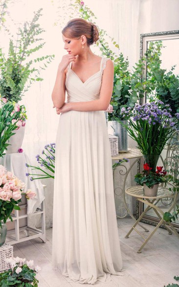 Sleeveless Chiffon Pleated Lace Floor-Length Wedding Dress With Keyhole