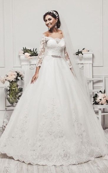 Delicate Tulle Lace Appliques Wedding Dress 3-4-Length Sleeve Beadings