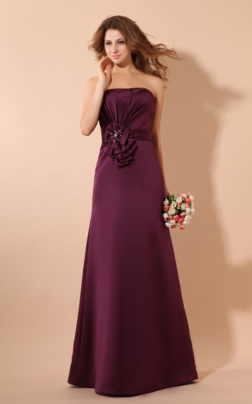 Satin Strapless Maxi Dress and Ruching and Flower